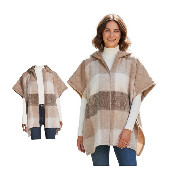 Time And Tru Stone Plaid Hooded Zipper Poncho Sweater - Picture 11 of 11